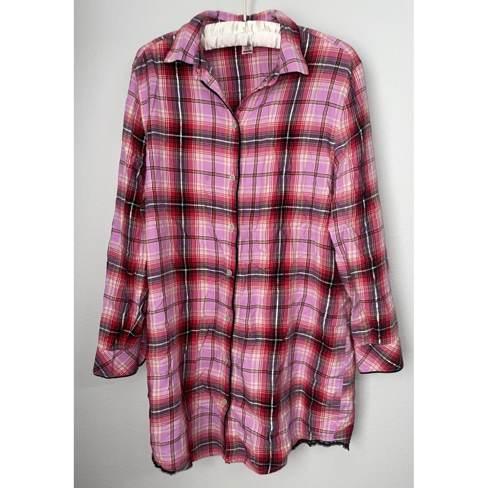 Victoria's Secret Night Sleep Shirt Button Front‎ Pink/Red Plaid Medium